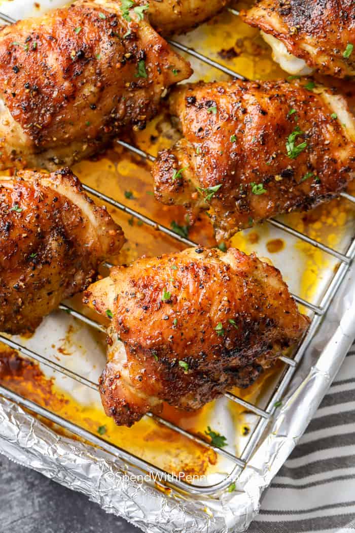 Baked Chicken Thighs on a grilling rack