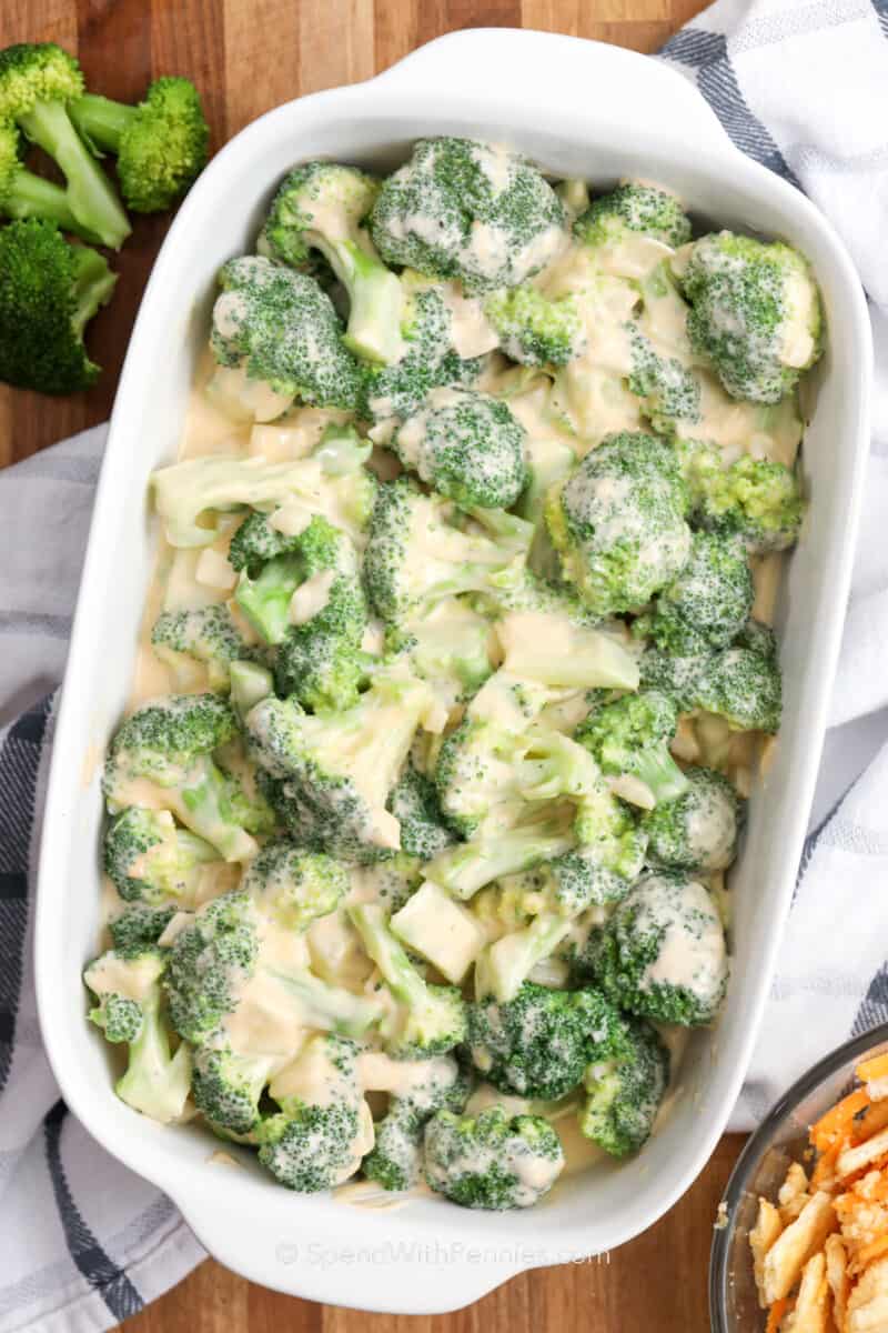 broccoli casserole in a baking dish