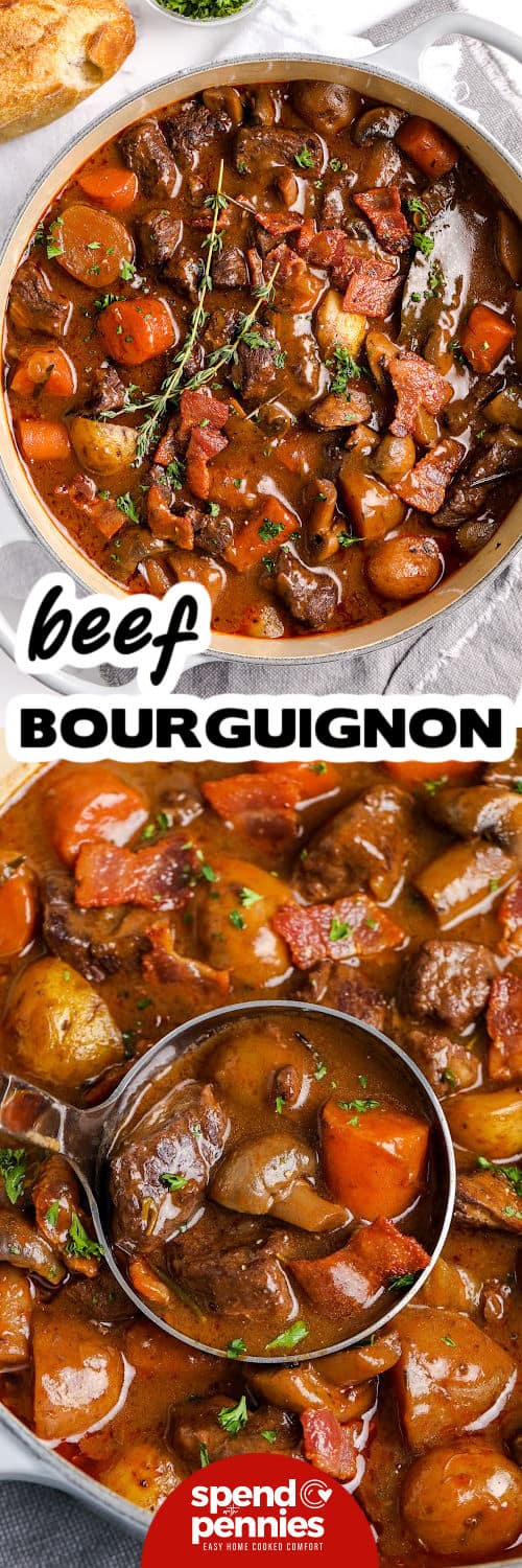 Beef Bourguignon in a pot and close up in a spoon with a title