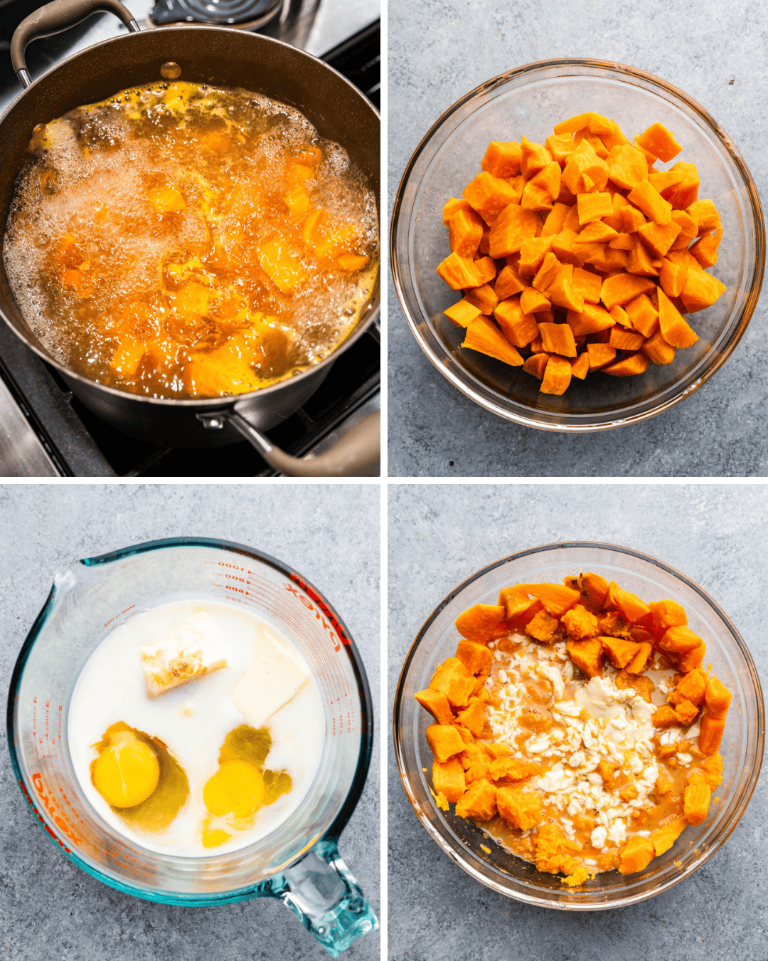 A collage of images showing each step of making sweet potato casserole with marshmallows.