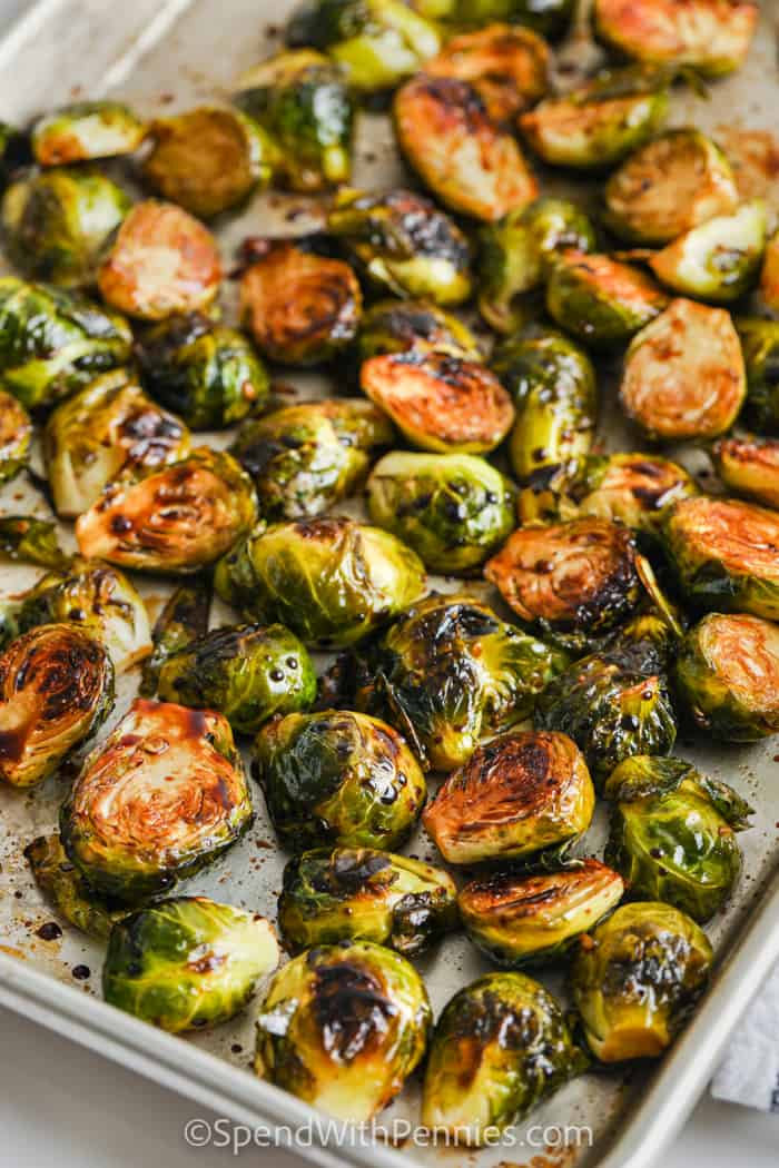 Roasted Balsamic Brussels Sprouts on a sheet pan