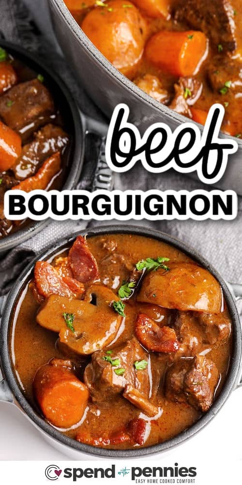 bowls of Beef Bourguignon with a title