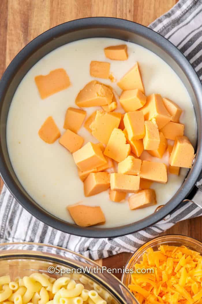 Preparing the cheese sauce for Velveeta Mac and Cheese