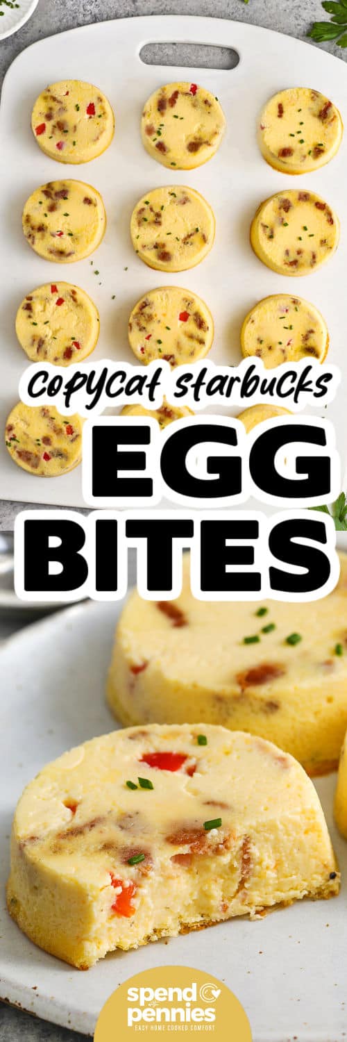 Copycat Starbucks Egg Bites on a cutting board and on a plate with a title