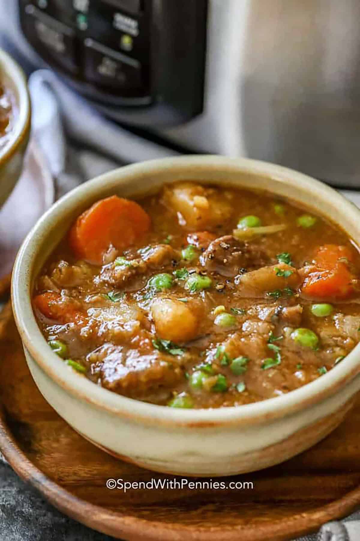 Crockpot beef stew makes dinner effortless and delicious! Packed with tender beef, creamy potatoes, and fresh veggies in a savory broth, it’s the perfect meal for any night. Just toss it all into the slow cooker and let it work its magic. Serve it hot with some crusty bread, and you’ve got a cozy, crowd-pleasing dinner ready to go! #spendwithpennies bowl of Crock Pot Beef Stew with crockpot in the back