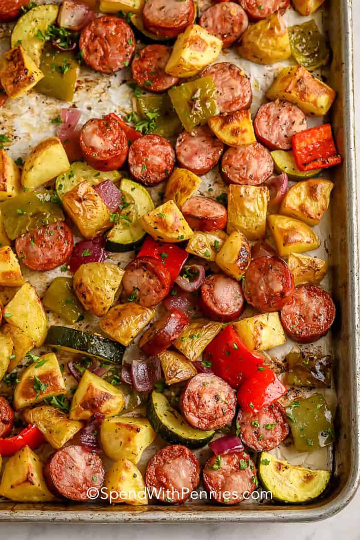 sheet pan of Roasted Sausage and Potatoes