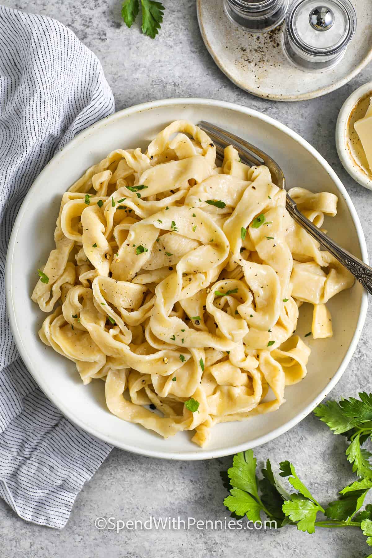 Egg Noodles on a plate with a fork