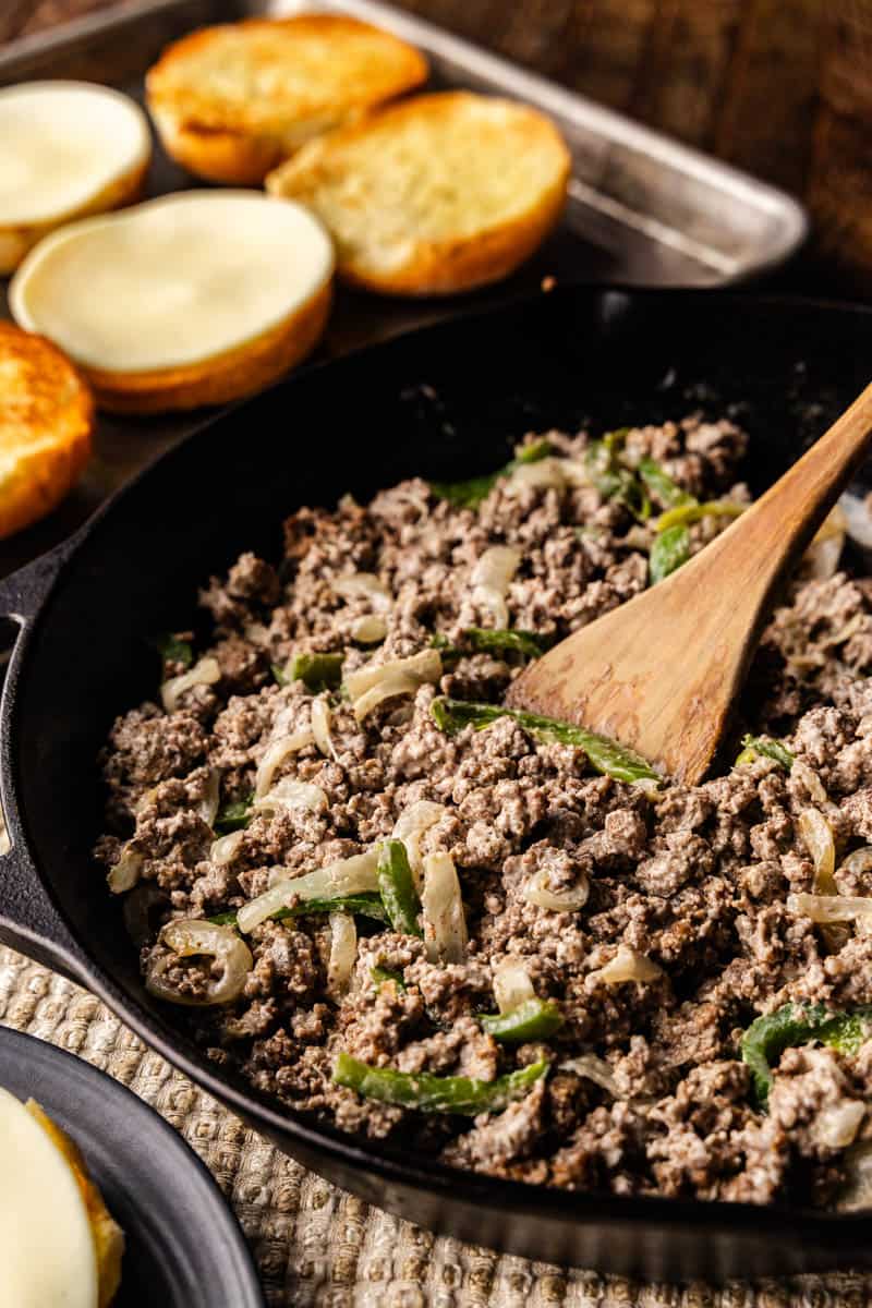 side view of pan of cheesesteak sloppy joes