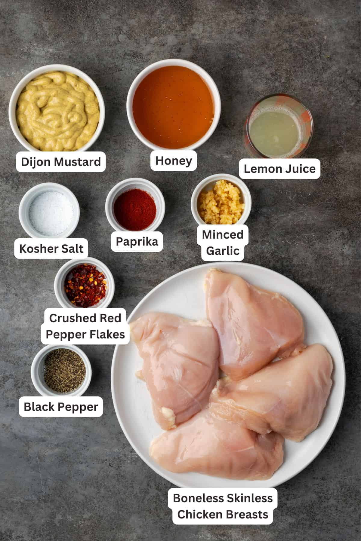 Honey mustard chicken ingredients with text labels overlaying each ingredient.