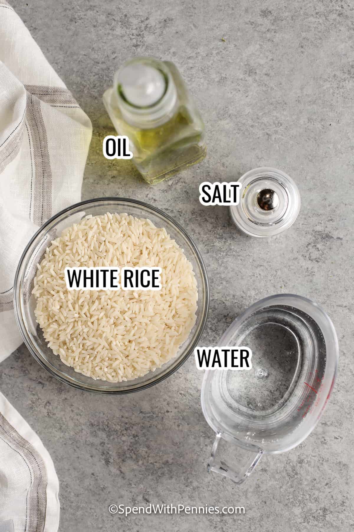 ingredients assembled to make instant pot rice, including white rice, oil, salt, and water