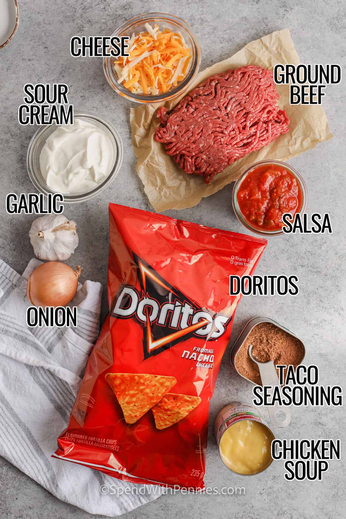 ingredients to make Layered Doritos Casserole with labels