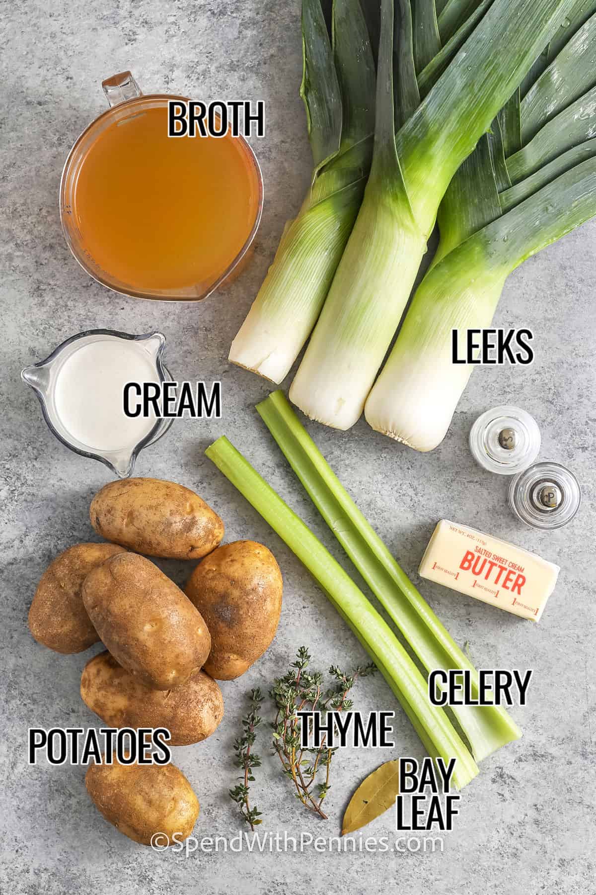 broth , leeks , cream , potatoes , thyme , bay leaf , celery , butter , salt and pepper with labels to make Potato Leek Soup