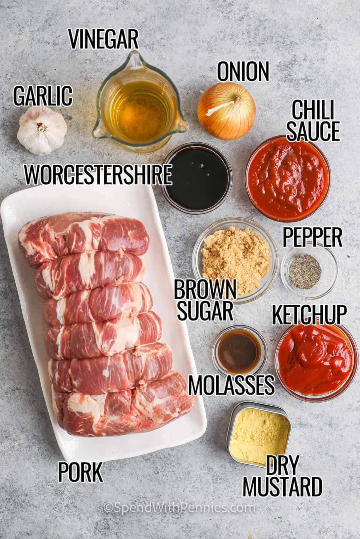 ingredients to make Slow Cooker Pulled Pork Sandwiches with labels