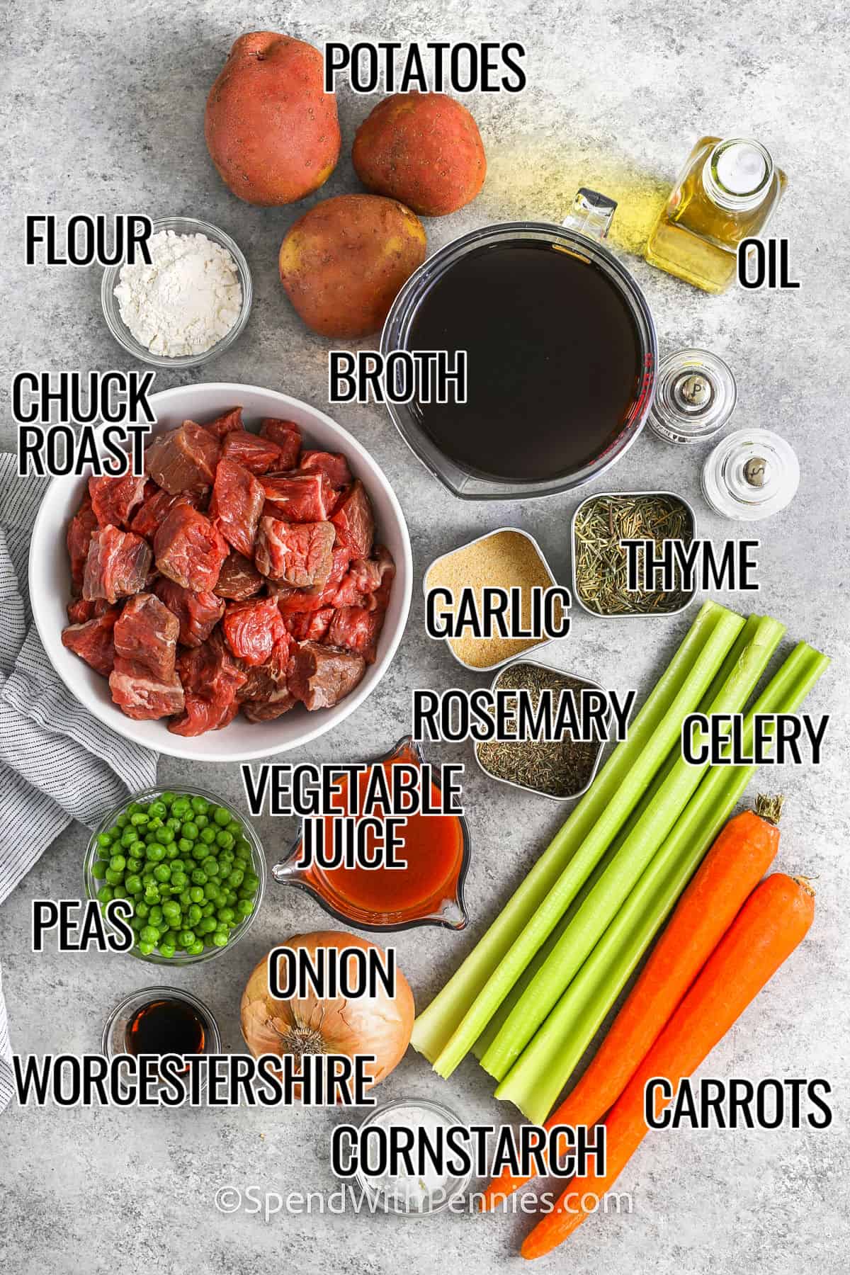 Crockpot beef stew is the ultimate cozy meal, combining tender beef, soft potatoes, and hearty veggies in a savory broth. This one-pot recipe is so simple to make and tastes amazing every time. Just set it, forget it, and enjoy a delicious dinner waiting for you. Whether you’re serving a crowd or meal-prepping for the week, it’s a winner! #spendwithpennies potatoes , oil , broth , flour , chuck roast , garlic , thyme , rosemary , celery , carrots , cornstarch , worcestershire , onion , vegetable juice , peas with labels to make Crock Pot Beef Stew