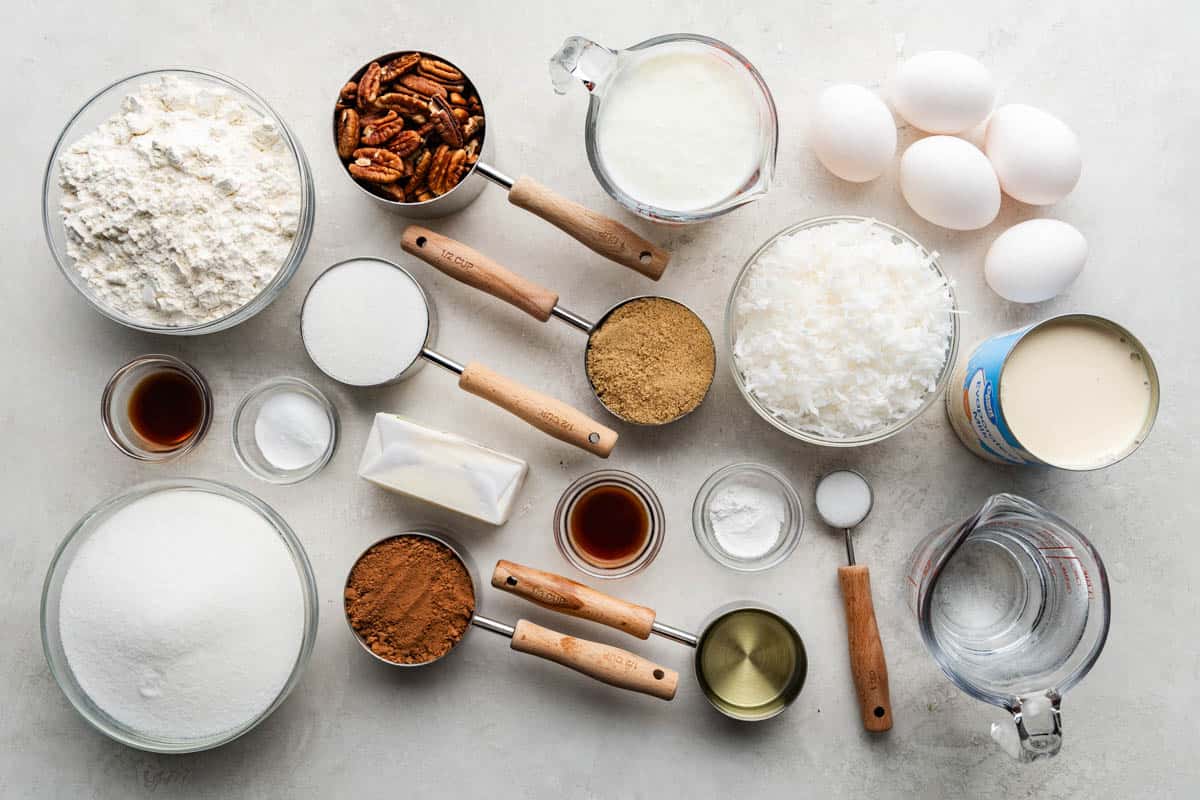 raw ingredients needed to make german chocolate sheet cake on table