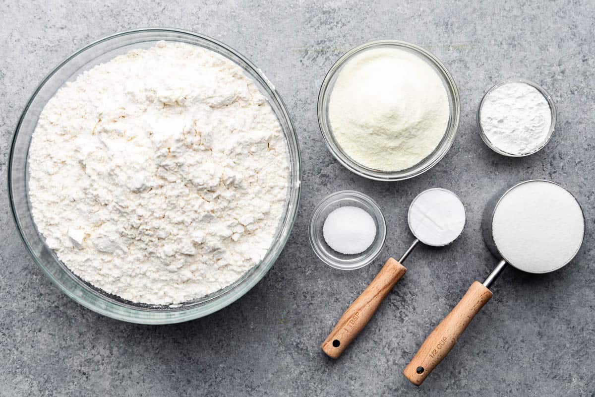 An overhead view of the ingredients needed to make homemade waffle mix.