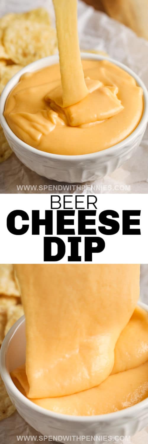 close up and plated Beer Cheese Dip with a title