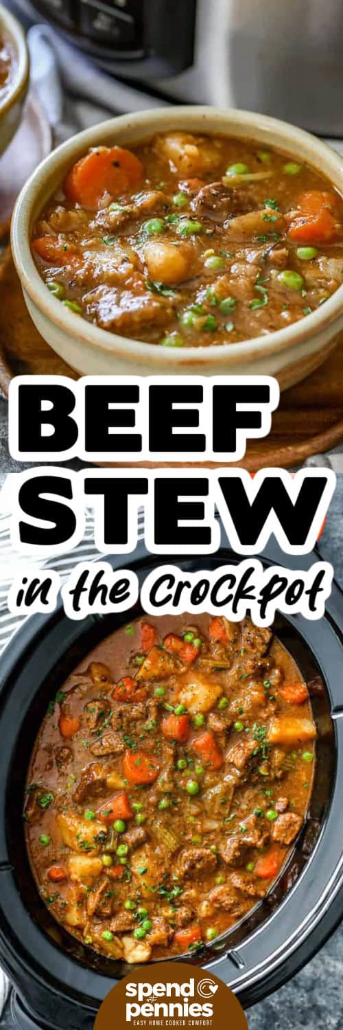Crockpot beef stew is an easy way to make a hearty, satisfying meal. Tender beef, soft potatoes, and perfectly cooked veggies soak up all the flavor of the savory broth. Whether it’s a weeknight dinner or a weekend treat, this recipe never disappoints. It’s freezer-friendly too, so you can make a big batch and enjoy it anytime. #spendwithpennies Crockpot Beef Stew in the pot and plated with a title