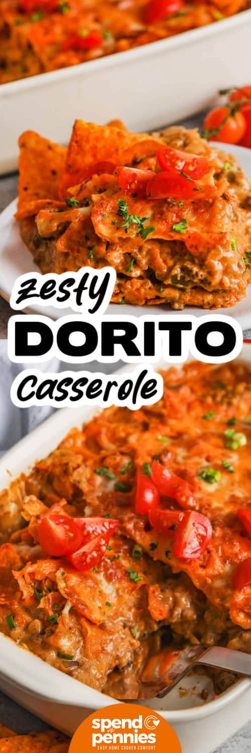 Dorito Casserole in the casserole dish and plated with a title