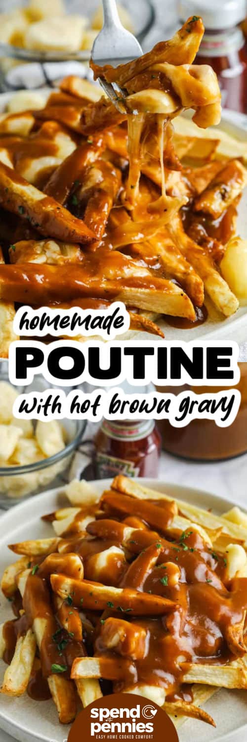 Homemade Poutine on a plate and on a fork with writing