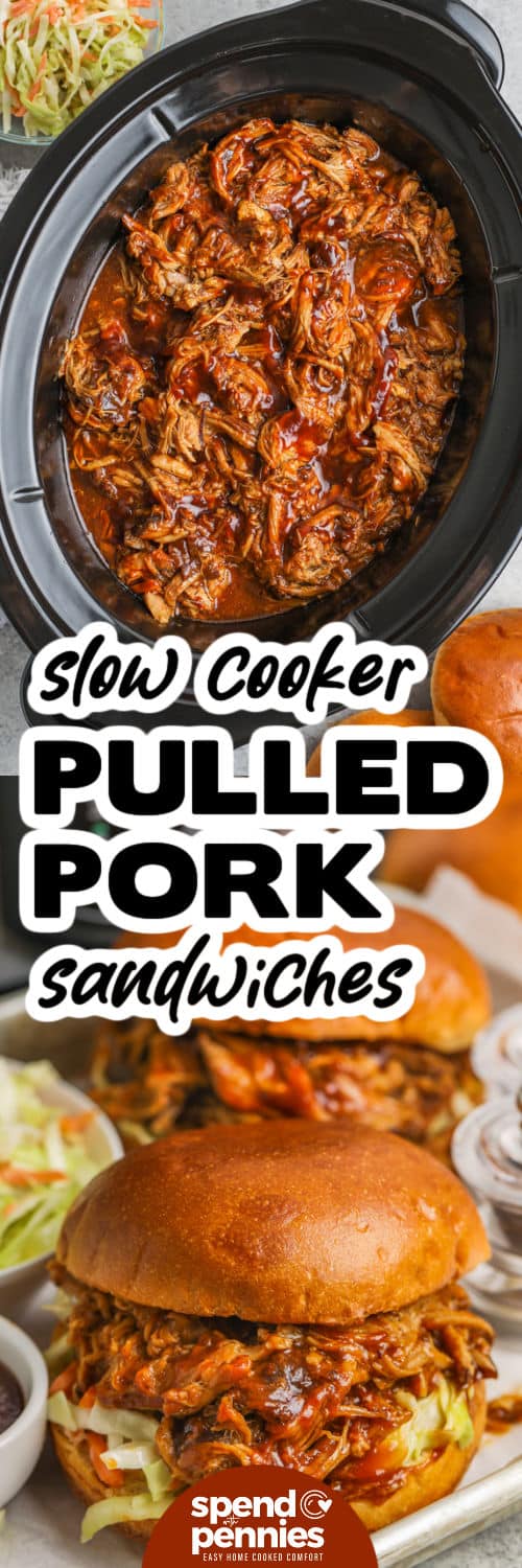 pulled pork in a slow cooker and Slow Cooker Pulled Pork Sandwiches on a plate with writing