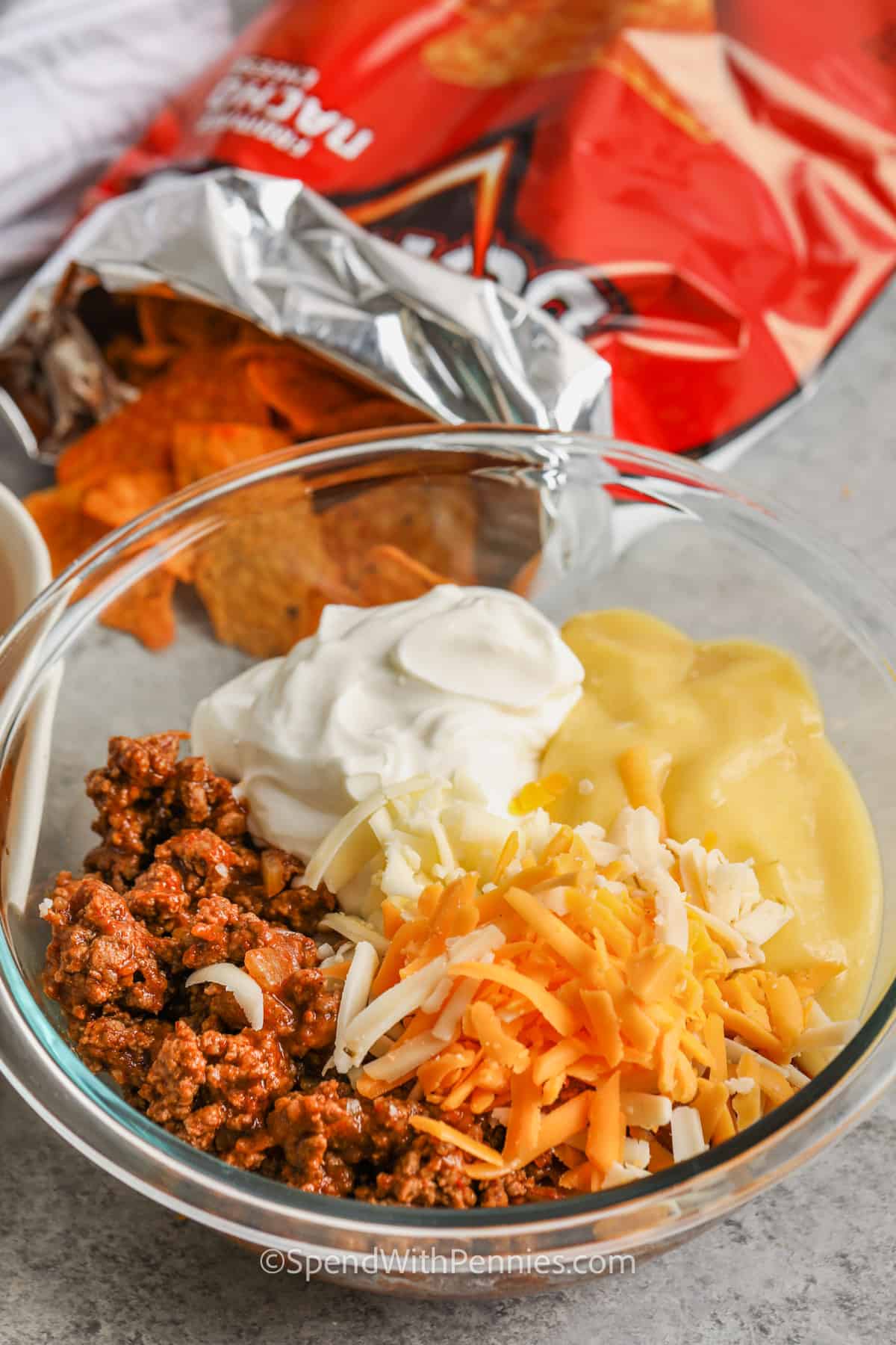 Layered Dorito Casserole ingredients in a bowl