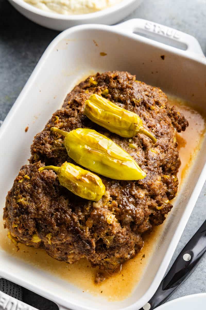 An overhead shot of a Mississippi Pot Roast Meatloaf in a pan