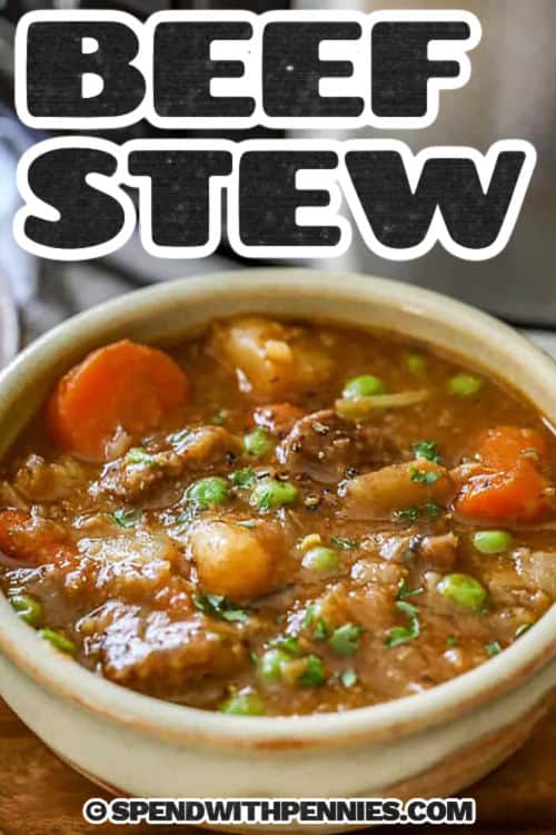 Crockpot beef stew is the coziest dinner ever! Tender beef, hearty potatoes, and veggies slow-cooked in a savory broth make every bite irresistible. With simple ingredients and a touch of seasoning, this one-pot wonder is perfect for any night of the week. Serve it with crusty bread for a meal that warms you from the inside out. Plus, leftovers freeze beautifully for easy meals later! #spendwithpennies comforting bowl of Crockpot Beef Stew with a title