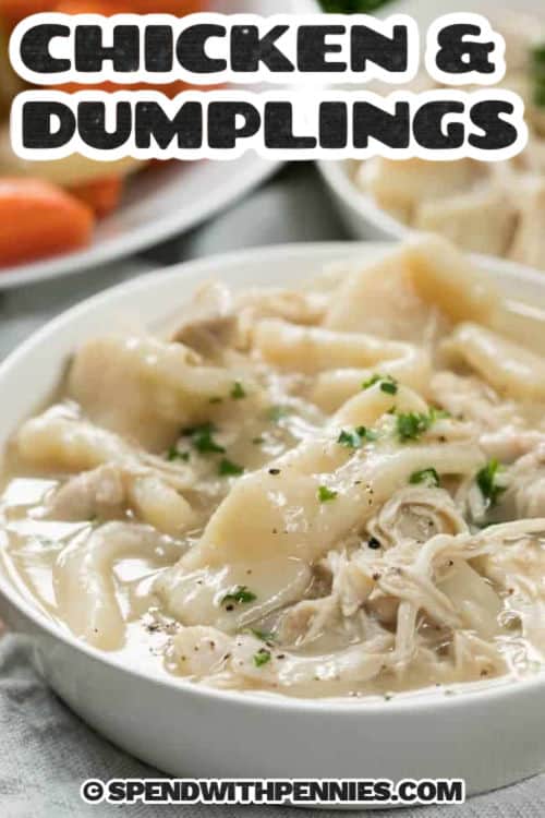 bowls of Old Fashioned Chicken and Dumplings with a title