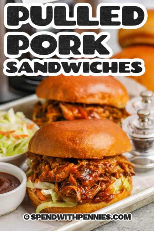 Slow Cooker Pulled Pork Sandwiches with lettuce and a title