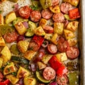 Roasted Sausage and Potatoes on a baking sheet