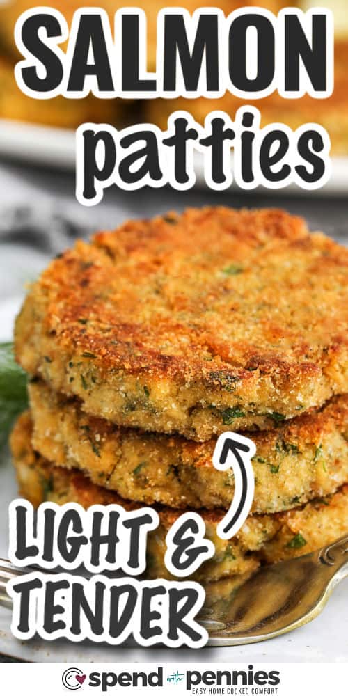 light Salmon Patties on a plate with writing