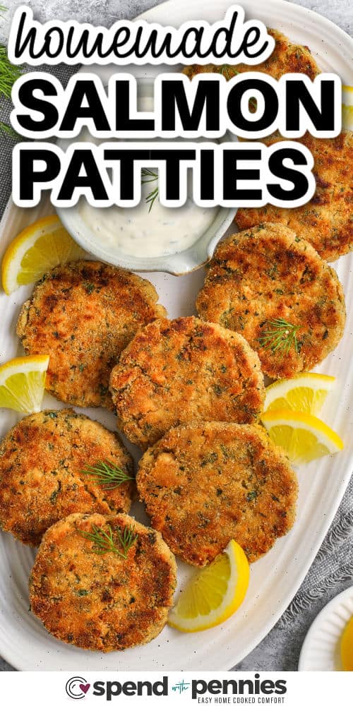 homemade Salmon Patties with dip and writing