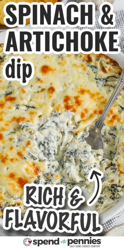 rich and flavoful The Best Spinach Artichoke Dip in a dish with writing