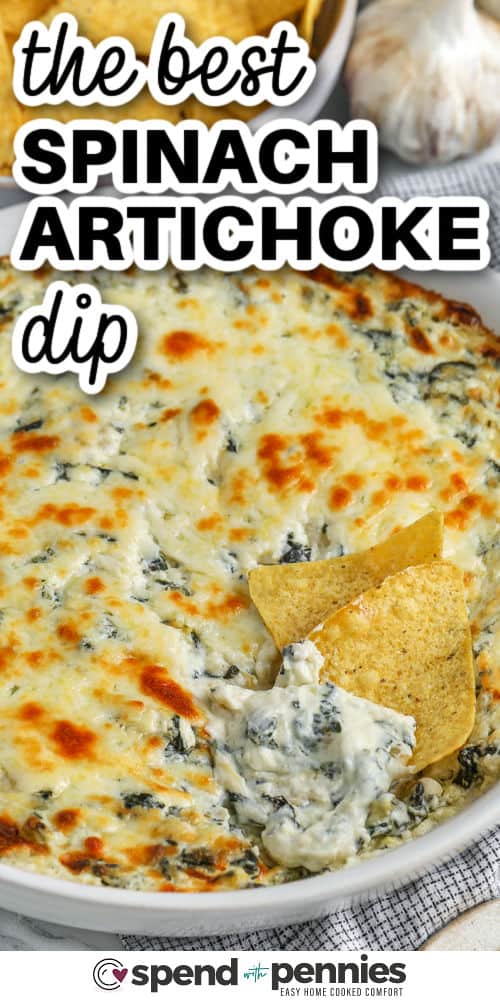 The Best Spinach Artichoke Dip in a dish with chips