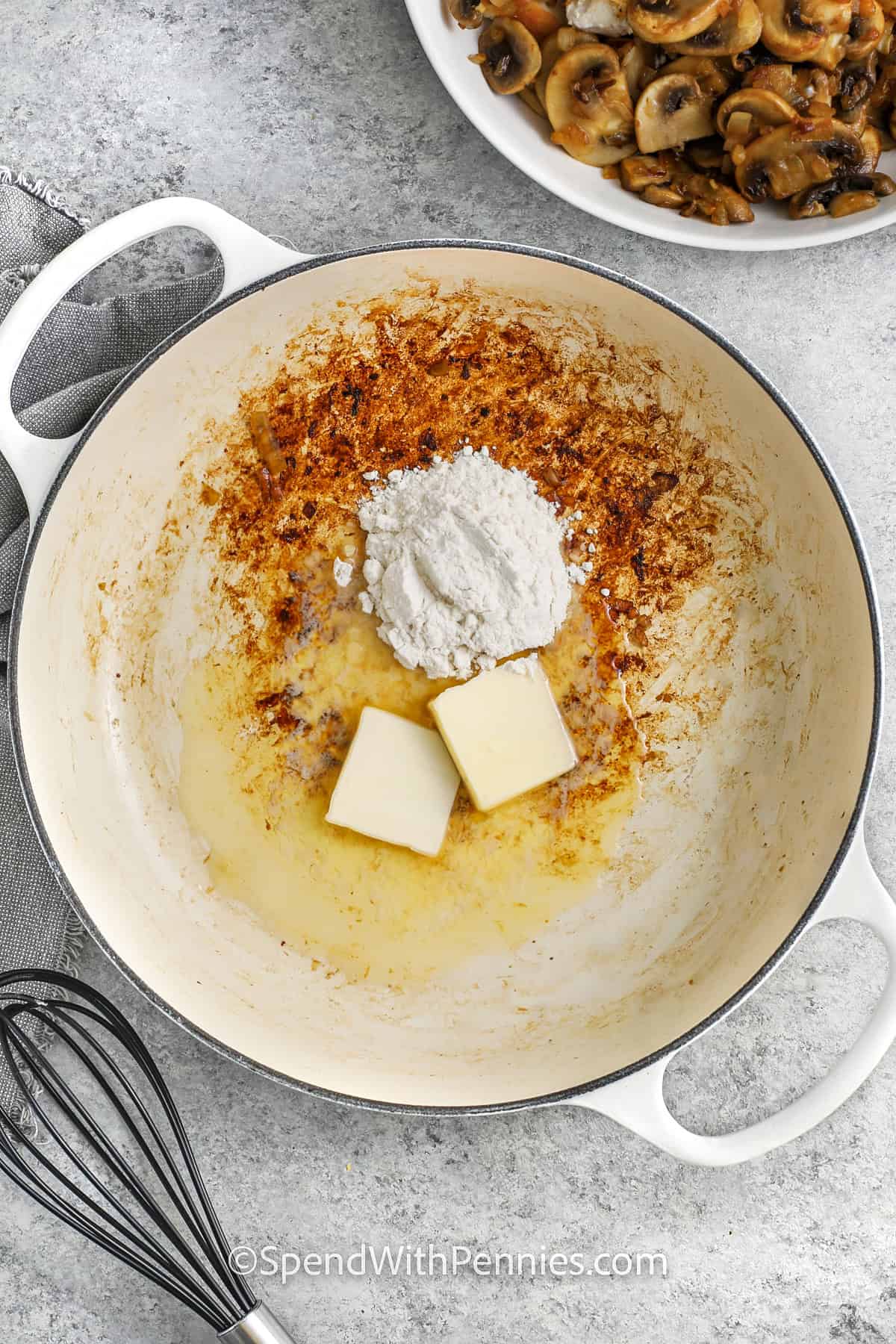 adding flour and butter to pan to make Chicken Stroganoff