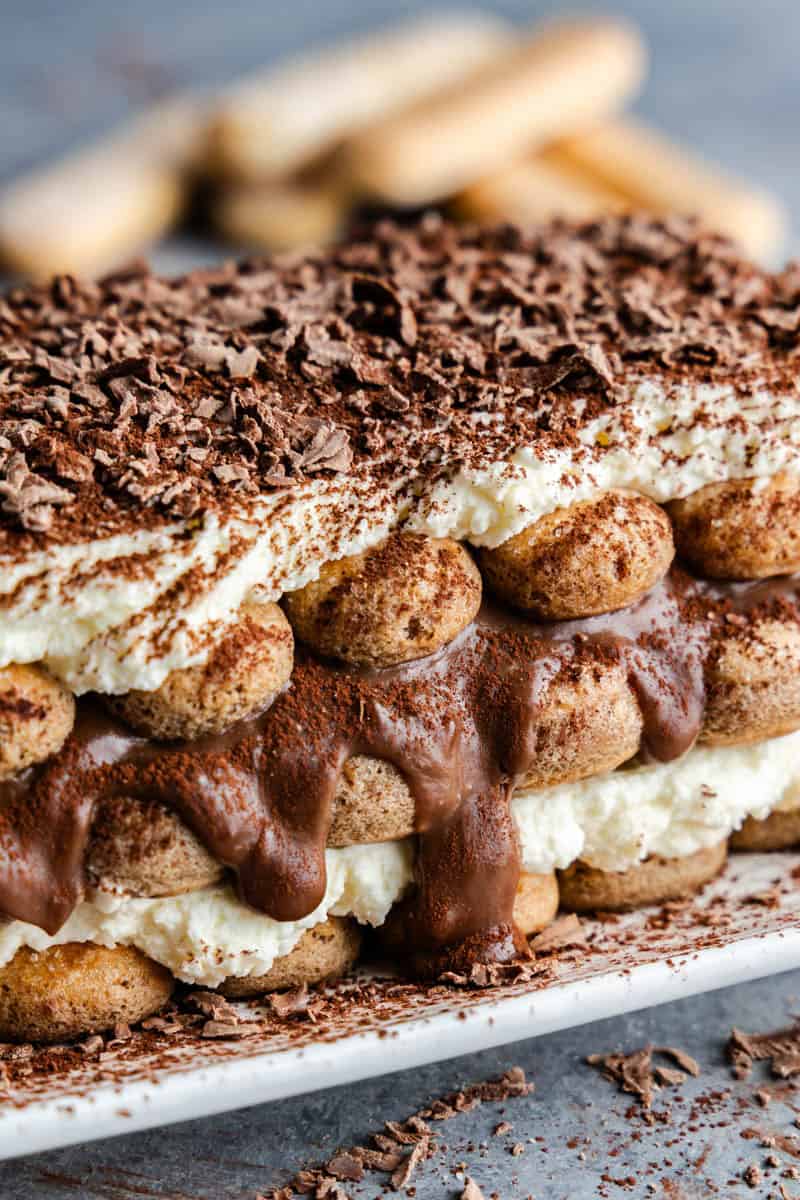 Angled closeup of tiramisu surrounded by chocolate crumbs.