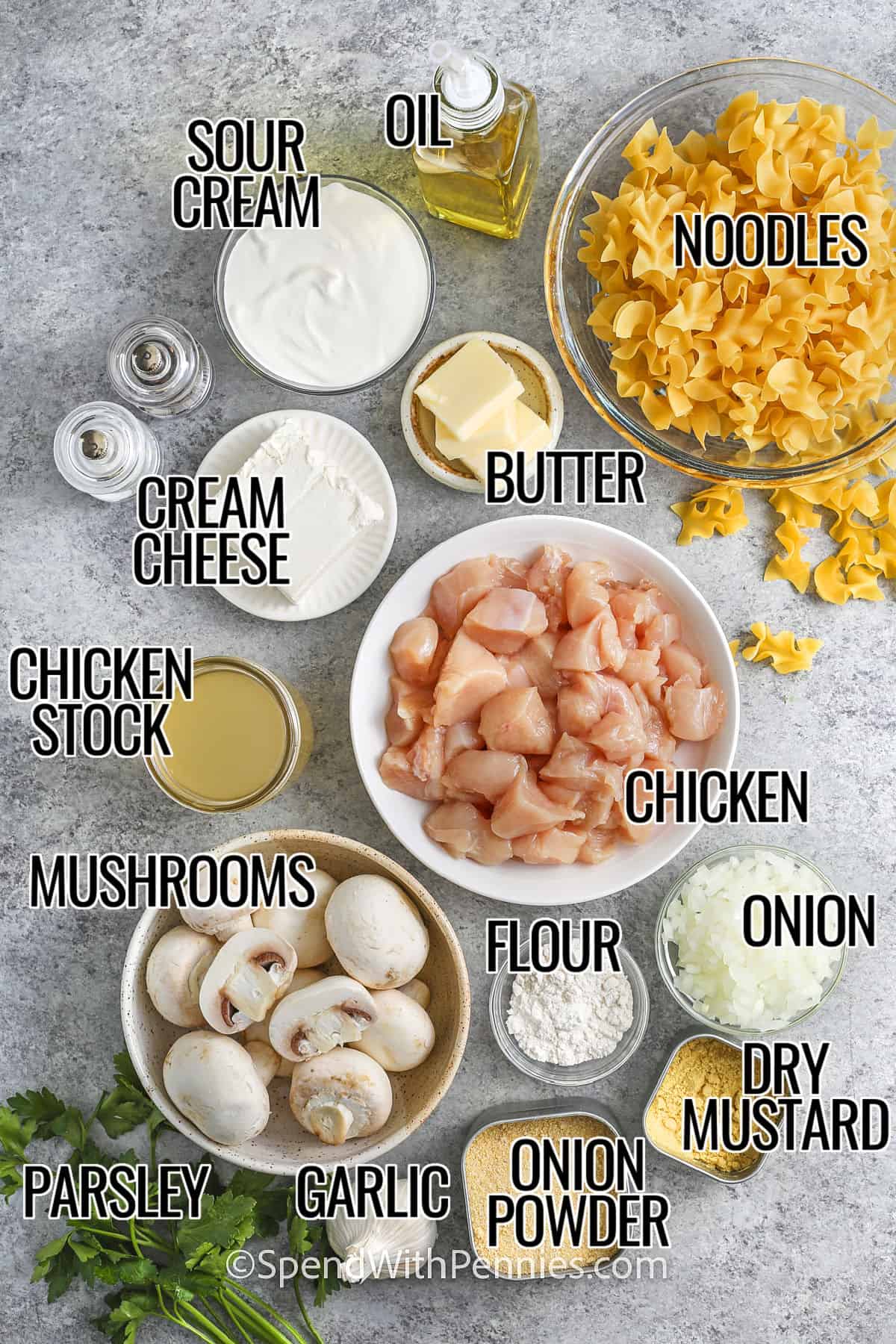 noodles , sour cream , oil , butter , cream cheese , chicken stock , chicken , onion , flour , mushrooms , parsley , garlic , onion powder , dry mustard , onion with labels to make Chicken Stroganoff