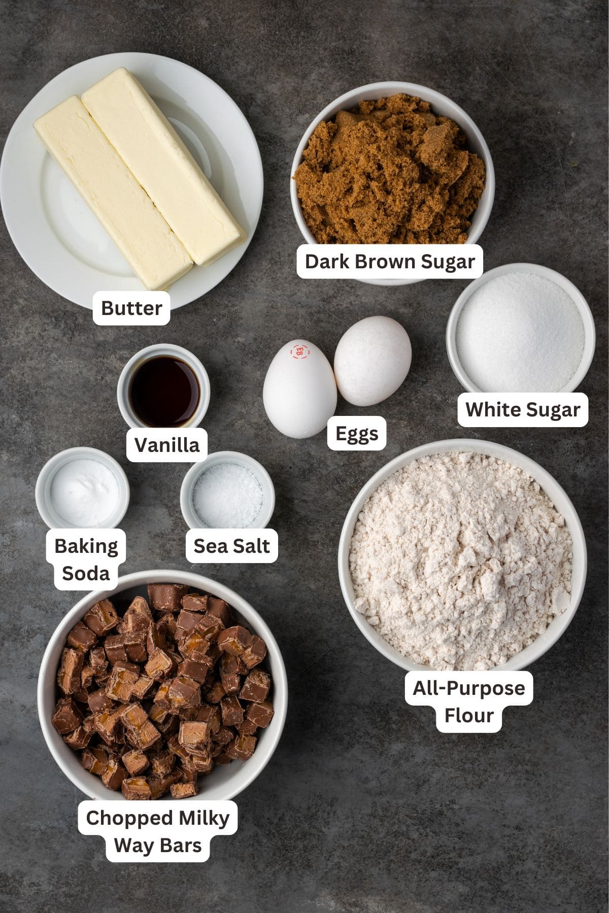 Milky Way cookies ingredients with text labels overlaying each ingredient.