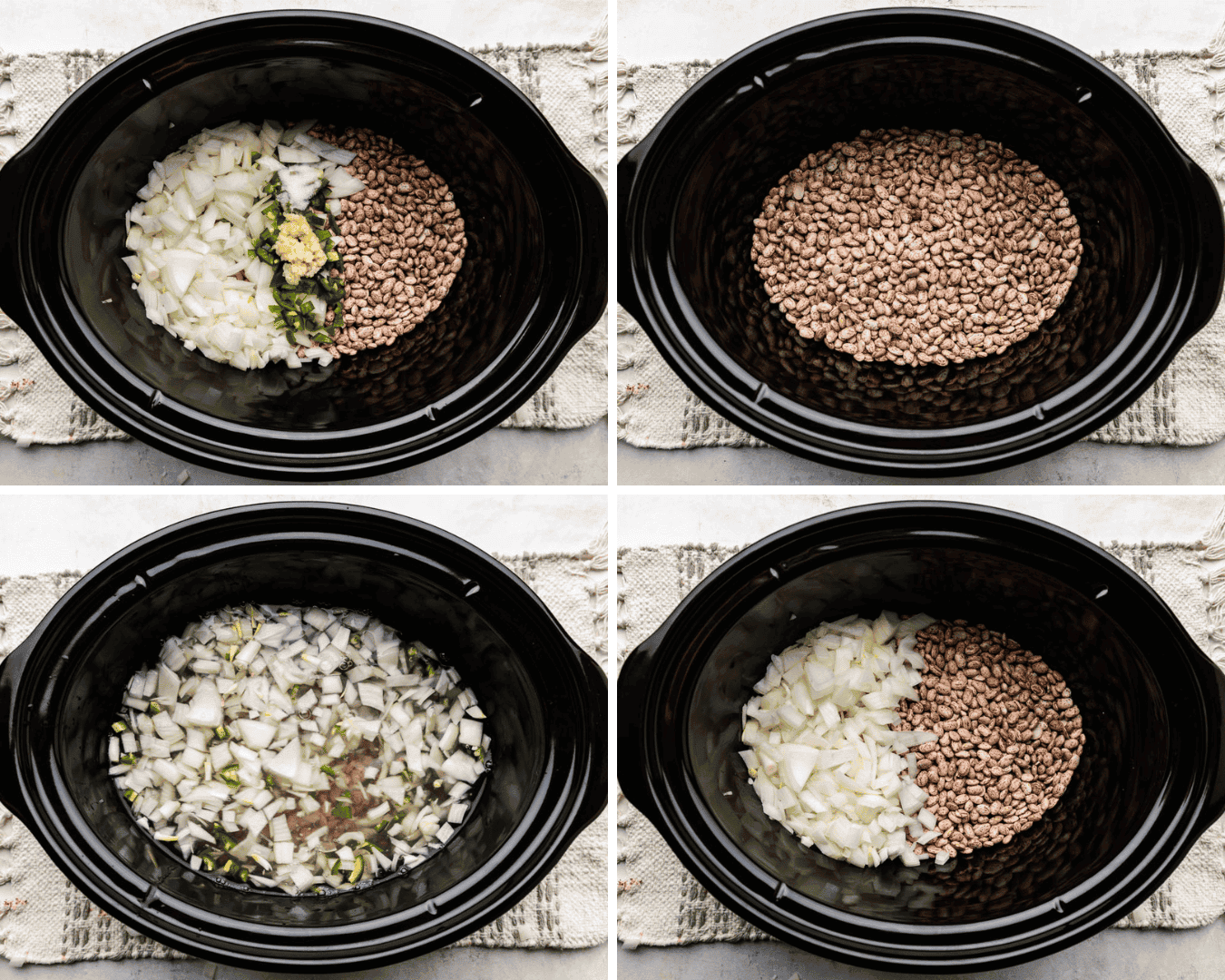 A collage of process shots of Slow Cooker Mexican Refried Beans.