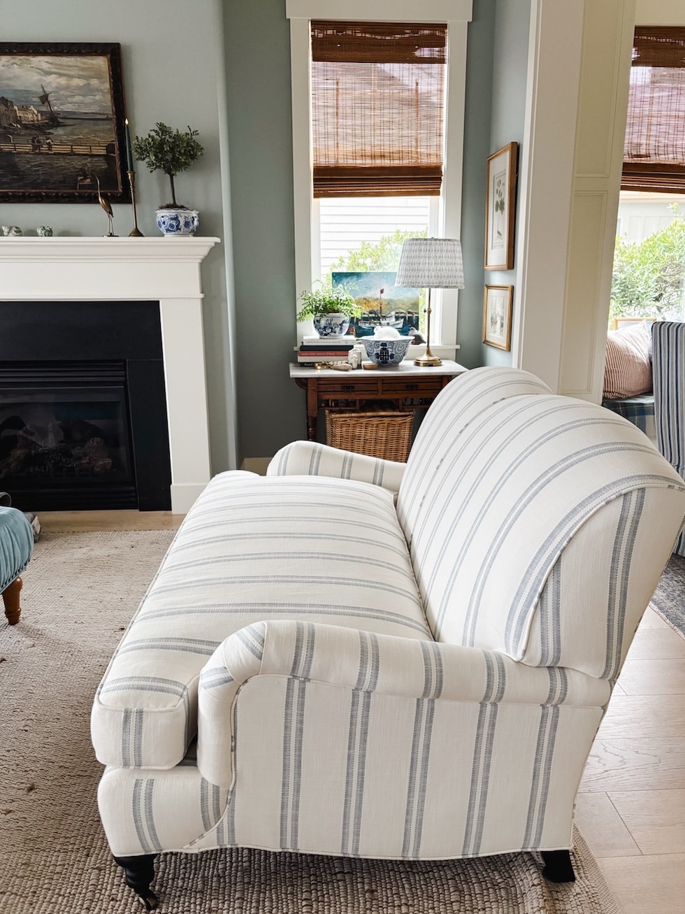 striped english roll arm sofa at the inspired room