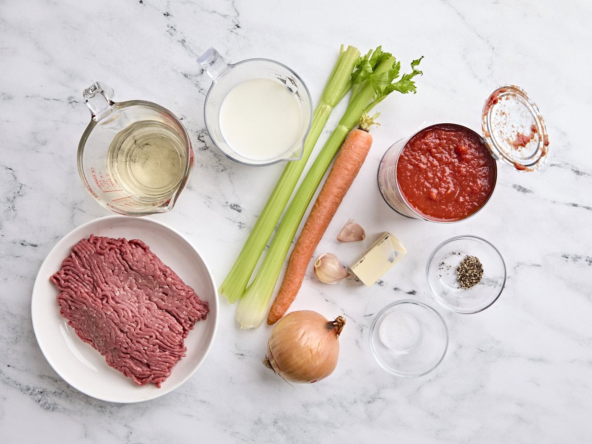 The ingredients to make a homemade Bolognese sauce.