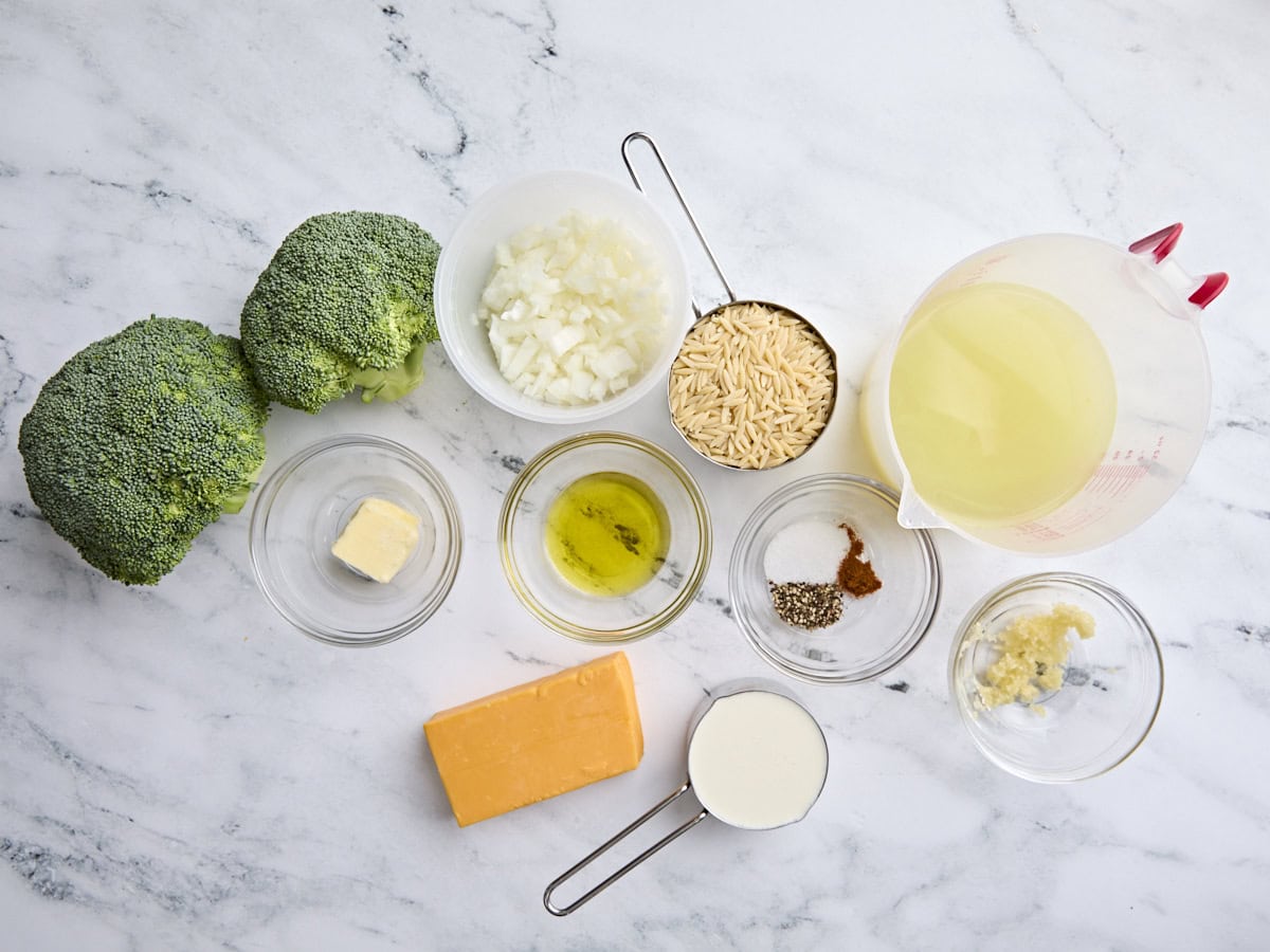 The ingredients to make this Broccoli Cheddar Orzo recipe.